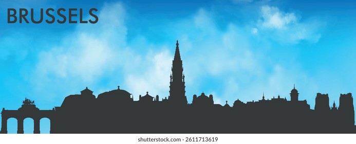 Black silhouette of the Brussels, Belgium city skyline against a realistic blue sky with white clouds