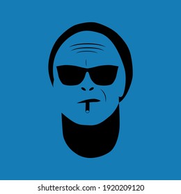 The black silhouette of brutal man with cigarette in the sunglasses on blue background. Vector illustration.