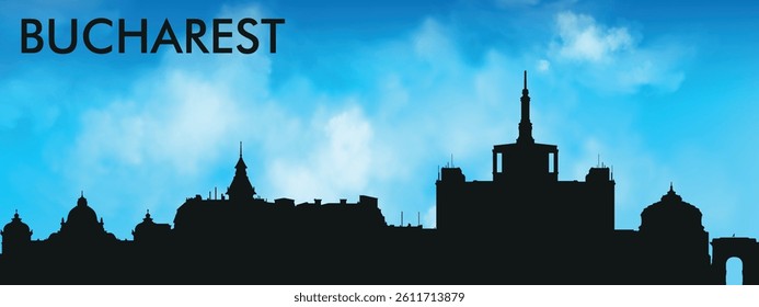 Black silhouette of the Bucharest, Romania city skyline against a realistic blue sky with white clouds
