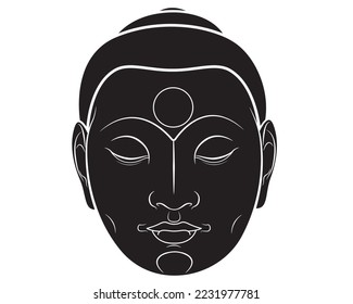 Black silhouette of Buddha face isolated on white. Esoteric vintage vector illustration. Indian, Buddhist, spiritual art.