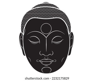 Black silhouette of Buddha face isolated on white. Esoteric vintage vector illustration. Indian, Buddhist, spiritual art.