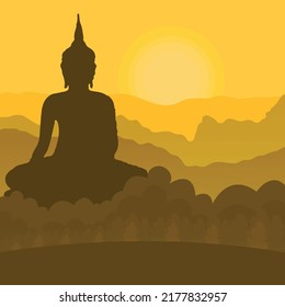 Black silhouette of a Buddha sitting on a mountain. Vector illustration concept teachings of Buddhism, Buddha's enlightenment.