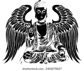 black silhouette of buddha with wings vector illustration design