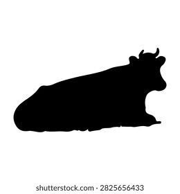 A black silhouette of a buffalo lying down, showcasing its relaxed posture and distinctive horns against a plain white background.