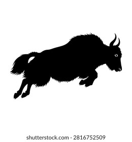 Black silhouette of a buffalo in motion, showcasing its horns, tail, and muscular body against a plain white background.