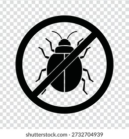 A black silhouette of a bug inside a circle with a diagonal line through it, on a transparent background with a grey and white checkerboard pattern