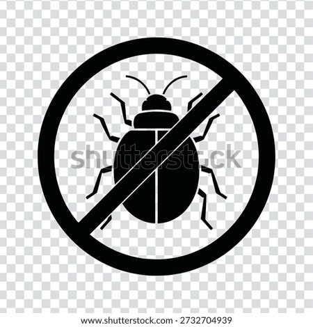 A black silhouette of a bug inside a circle with a diagonal line through it, on a transparent background with a grey and white checkerboard pattern
