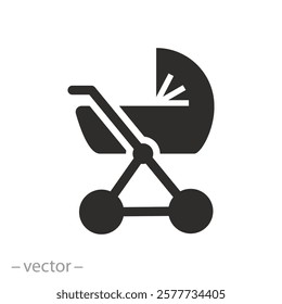 black silhouette buggy, baby stroller icon, pram, flat vector illustration