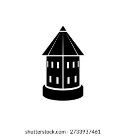 A black silhouette of a building featuring a conical roof, a cylindrical body, and several rectangular windows, set against a white background.