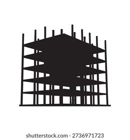 Black silhouette of a building framework in early construction stages. Shows concrete pillars and floor slabs. Represents new development, architecture, and urban growth. Isolated on white.