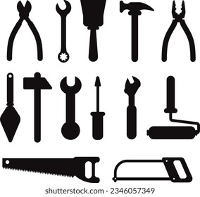 Black Silhouette of building treatment tools repair isolated on white background