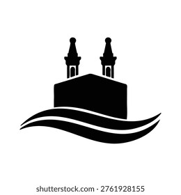 Black silhouette of a building with two towers on wavy lines