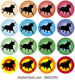 black silhouette of a bull in different colored circles