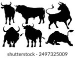 Black silhouette bull financial icons. Isolated on white background. Angry running bull icon illustration. Bull vector illustration. Domestic animal. Buffalo collection. Farm animal.