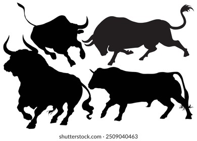 Schwarze Silhouette Bull finanzielle Symbole. Einzeln auf weißem Hintergrund. Angry Running Bull Icon Illustration. Haustier. Buffalo-Sammlung. Nutztier. Spanische Vektorgrafik von Bullen und Ochsen.