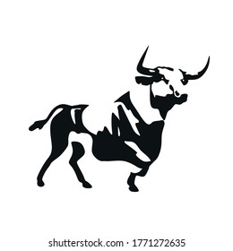 Black silhouette of a bull isolated on a white background.Logo, trademark of the company.Wild animal.Year of the bull