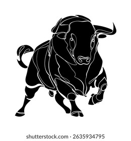 Black silhouette of a bull on white background. Graphic drawing. Vector illustration.
