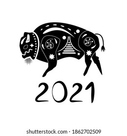 Black silhouette of a bull with white ethnic traditional patterns. Below, under the bull, write 2021.