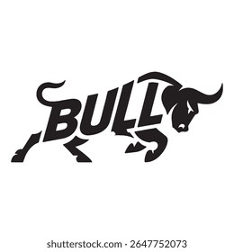 a black silhouette of a bull with the word bull forming its body. The image is on a white background and is a simple yet striking design.