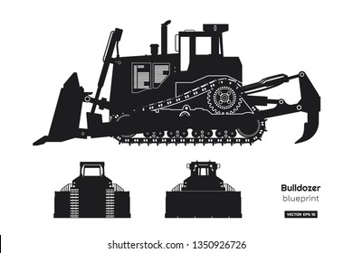 Black silhouette of bulldozer. Front, side and back view of digger. Building machinery image. Industrial isolated drawing of dozer. Diesel vehicle blueprint. Vector illustration