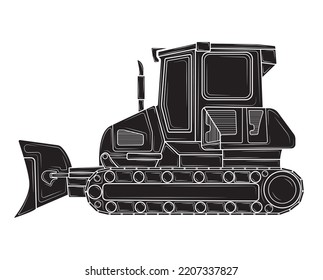 Black silhouette of Bulldozer in isolate on a white background. Construction equipment. Vector illustration.