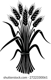 Uma silhueta preta de um feixe de caules de trigo amarrados com uma faixa. Os talos são eretos com orelhas detalhadas de grãos no topo e longas lâminas de grama.