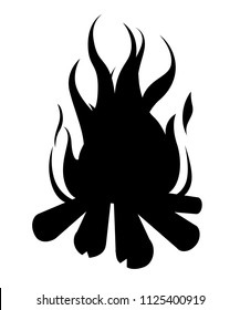 Black silhouette. Burning bonfire with wood. Vector cartoon style illustration of bonfire. Isolated on white background.