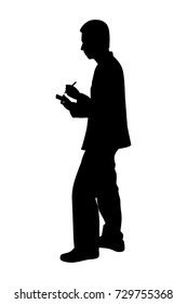 Black silhouette business man standing with pen and notebook in hand, people on white background