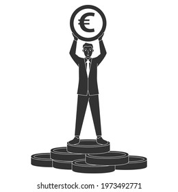 Black silhouette businessman stands on a stack of gold coins.A man with a euro coin.Vector flat illustration.Isolated on white background.