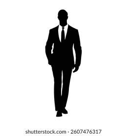 Black silhouette of businessman in suit isolated on white background