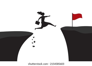 Black Silhouette Of Businesswoman Jump Through Gender Gap, Discrimination. Overcoming Obstacles. Woman Employee With Running Jump From One Cliff To Another. Business Risk, Success. Vector Illustration