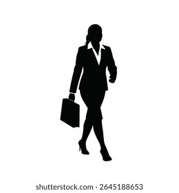 Black silhouette of a businesswoman in a suit walking forward carrying a briefcase against a white background. The style is simple and bold.