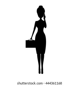 Black silhouette bussiness woman with a briefcase talking on phone. Vector silhouette business woman talking on the phone isolated on white background.