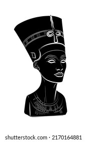 Black silhouette of the bust of Nefertiti on white background. Graphic drawing. Vector illustration.