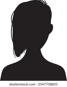 Black silhouette of bust of young woman with short hair, facing forward, isolated on white background, ideal for profile pictures or avatars