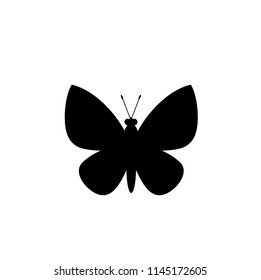 Black silhouette of butterfly isolated on white background. Vector illustration, icon, sign, symbol, logo, label, template for design or tattoo.