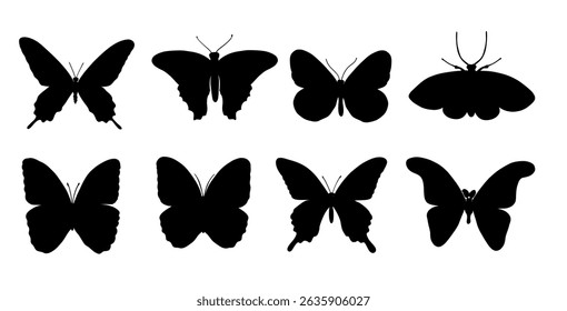 black silhouette Butterfly set. Peacock eye butterfly night.  Swallowtail butterfly.  