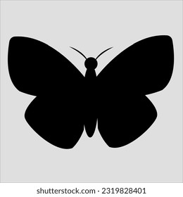 Black silhouette of a butterfly. Vector on gray background.