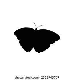 Black silhouette of a butterfly with wings spread wide, isolated on white background.