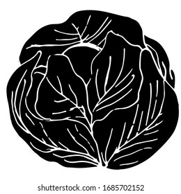 Black silhouette of cabbage, vitamin vegetable from the garden, ingredient of veggie dishes, raw food theme. Vector icon for logos, labels, packaging. Stock image on white background.