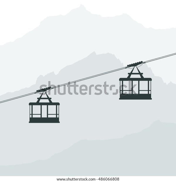 Black silhouette of the cabin cableway.\
Design element of the cableway. Abstract cabin on a background of\
mountains. Stock vector\
illustration