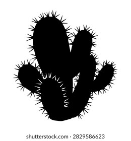 A black silhouette of a cactus with multiple arms and spines, isolated on a white background, showcasing desert flora in a minimalistic style.