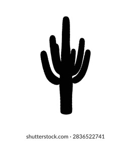 Black silhouette of a cactus with multiple arms on a white background, emphasizing desert flora and arid environment themes.