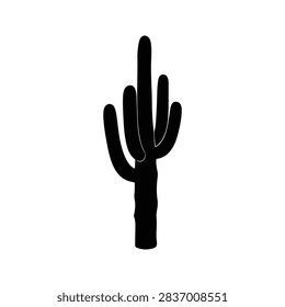 Black silhouette of a cactus with multiple arms, isolated on a white background, emphasizing desert flora and arid landscape symbolism.