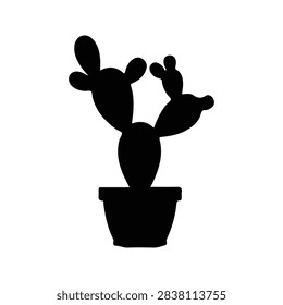 Black silhouette of a cactus with multiple branches in a pot, isolated on a white background, emphasizing plant shape and form.