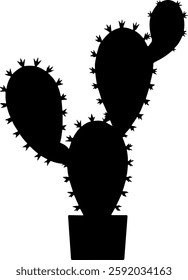 Black Silhouette of Cactus with Multiple Pads and Small Spines - Classic Desert Plant Illustration