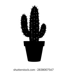 Black silhouette of a cactus in a pot, emphasizing desert flora and indoor plant decor, suitable for botanical or nature-themed projects.