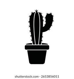 A black silhouette of a cactus in a pot is shown against a white background The style is simple and minimalist The cactus has visible spines