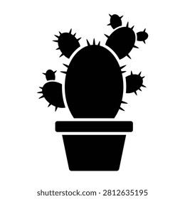 Black silhouette of cactus in pot with spines, symbol of desert plants and water conservation, simple icon