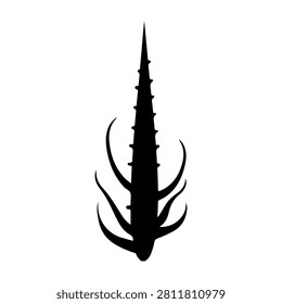 Black silhouette of a cactus with sharp spines and curved thorns, isolated on a white background, emphasizing its distinctive shape and texture.